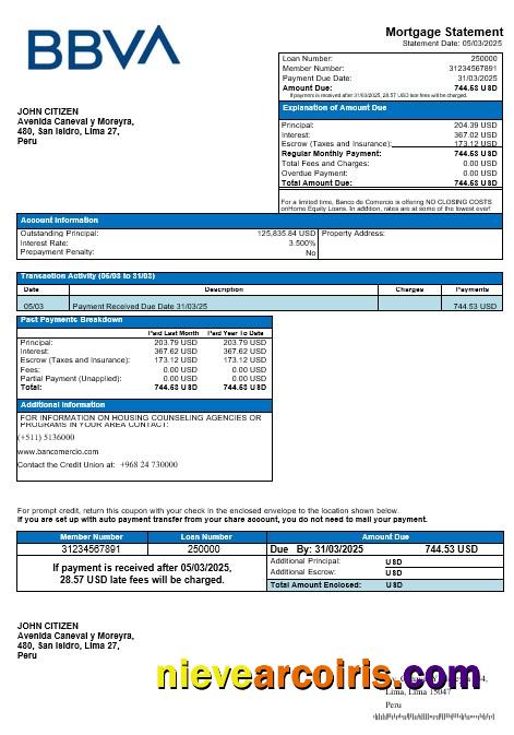 Peru Banco de Comercio mortgage statement